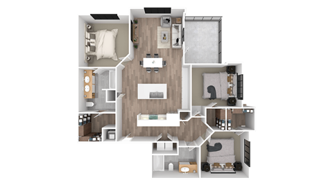 the living area of the floor plan with bedrooms and a bathroom